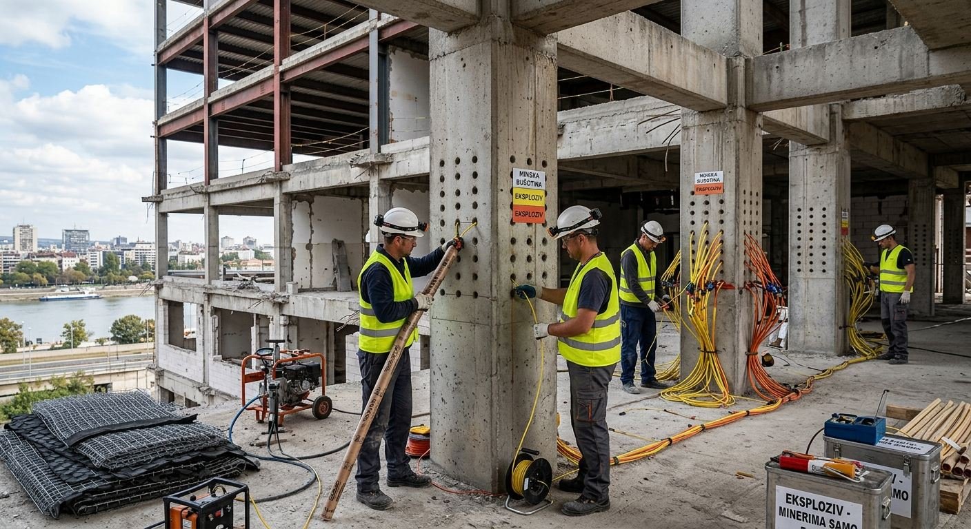 Priprema minskih bušotina na betonskom stubu konstrukcije pred kontrolisano rušenje